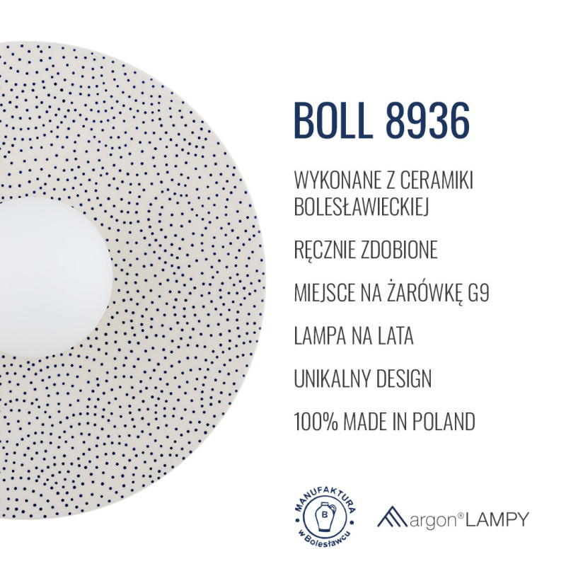 Argon x Bolesławiec BOLL White, Navy Blue Ceramic Wall Light with Opal Glass