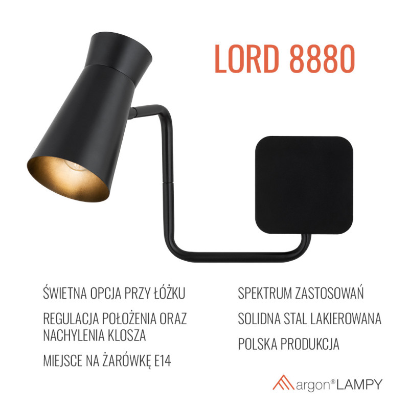 Argon LORD Black Wall Light with Adjustable Shade
