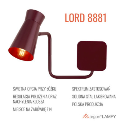 Bordowy kinkiet LORD z regulowanym kloszem Argon