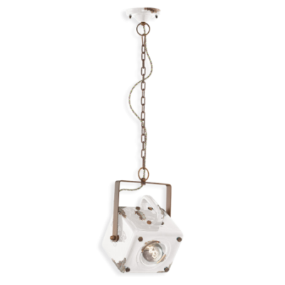Ceramiczna lampa wisząca Industrial Vintage Bianco z białym kloszem  Ferroluce