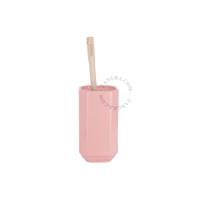 Becca Art Deco Pink Porcelain Toilet Brush Holder with Wooden Brush Zangra