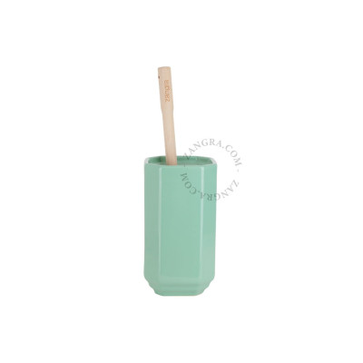 Becca Art Deco Mint Green Porcelain Toilet Brush Holder with Wooden Brush Zangra