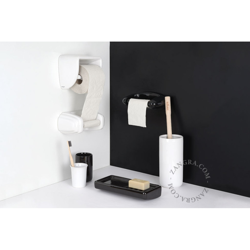 Adonis toilet brush holder - white porcelain with wooden brush Zangra