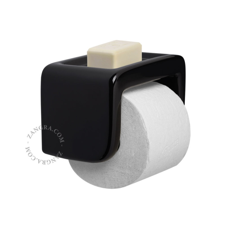 Black porcelain toilet roll holder with soap dish Zangra