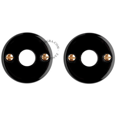 Black porcelain door handle roses - brass screws Zangra