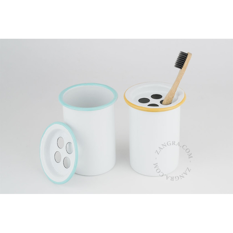 White enamel toothbrush cup with blue rim – Ø 8.5 cm Zangra