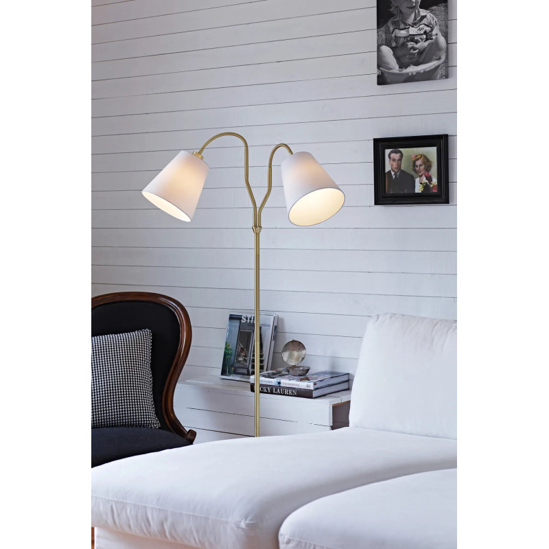 Modena floor lamp, brass finish and white, 2 × E27, max. 60 W each, 105274 – MARKSLOJD